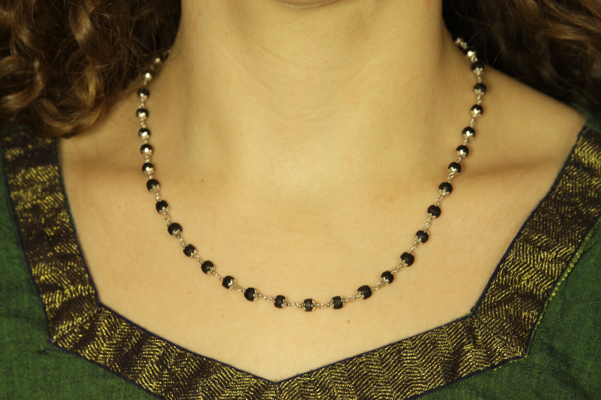 18" Black Tulsi Tulasi Beaded Sterling Silver Necklace | Krishna Kunti Mala Handmade - Montecinos Ethnic