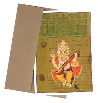 Ganeshji Greeting Card - Rajasthani Miniature Painting - Ganesh Playing Veena - 5"x7"
