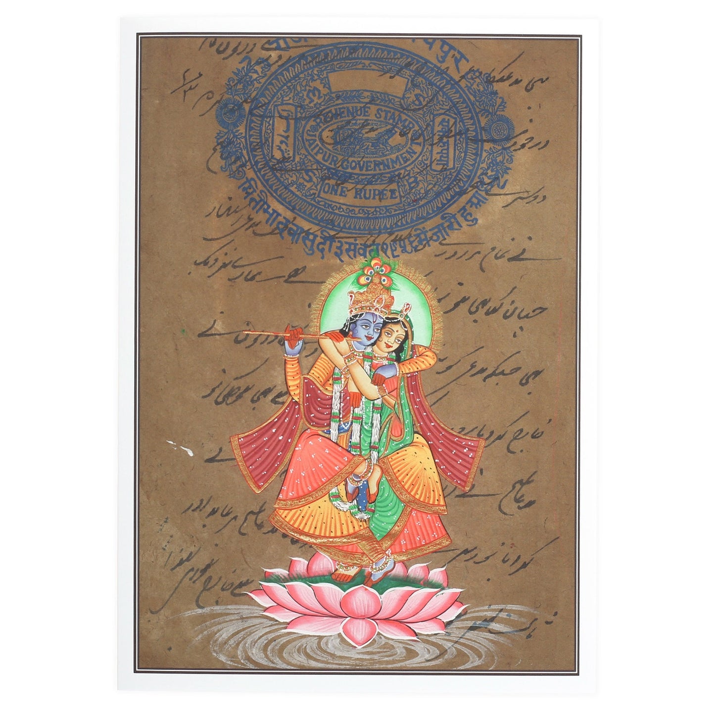 Greeting Card - Rajasthani Miniature Art Painting - Radha Krishna on Lotus - 5"x7"
