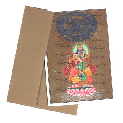 Greeting Card - Rajasthani Miniature Art Painting - Radha Krishna on Lotus - 5"x7"