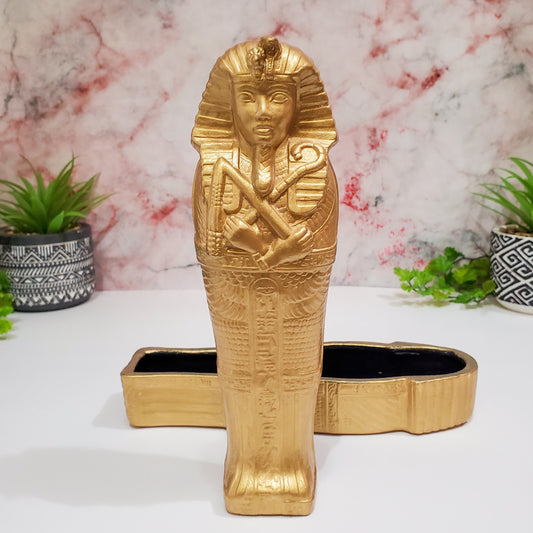 Vintage Egyptian The Sarcophagus of Tutankhamun – Handmade Ceramic Gild King Tut Coffin Trinket Box - Egyptian Home Decor 9.25" Long