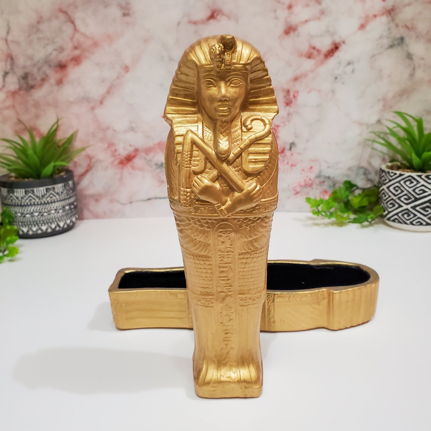Vintage Egyptian The Sarcophagus of Tutankhamun – Handmade Ceramic Gild King Tut Coffin Trinket Box - Egyptian Home Decor 9.25" Long