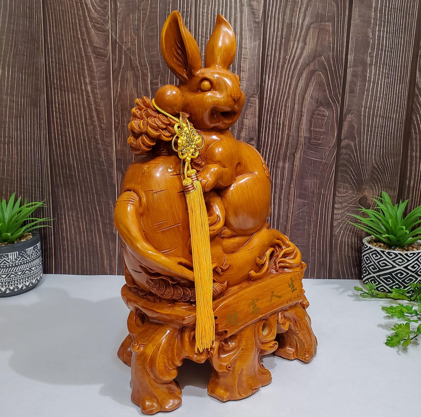 Vintage Chinese Feng Shui Lucky Wealth Rabbit Resin Wood-like Statue Sculpture for Home or Office 16.5" Tall