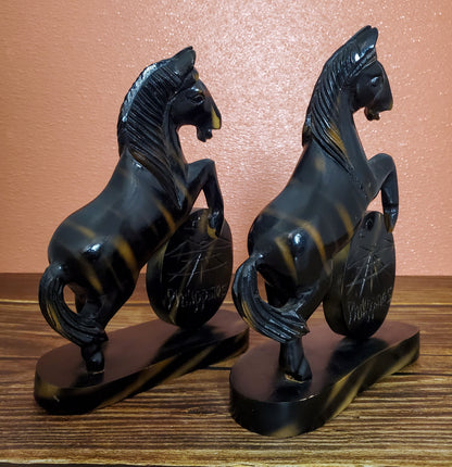 Vintage Wooden Stallion Horse Pair Statue Sculptures Made in The Philippines – Horse Home Decor Figures.