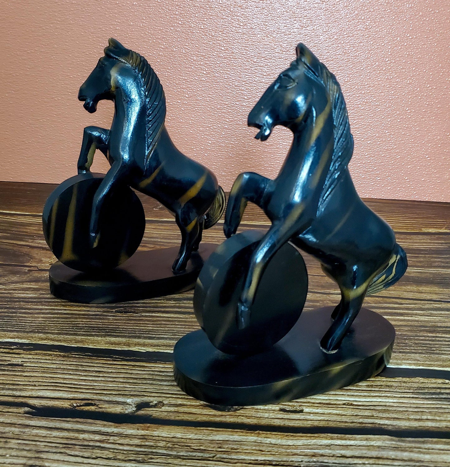 Vintage Wooden Stallion Horse Pair Statue Sculptures Made in The Philippines – Horse Home Decor Figures.