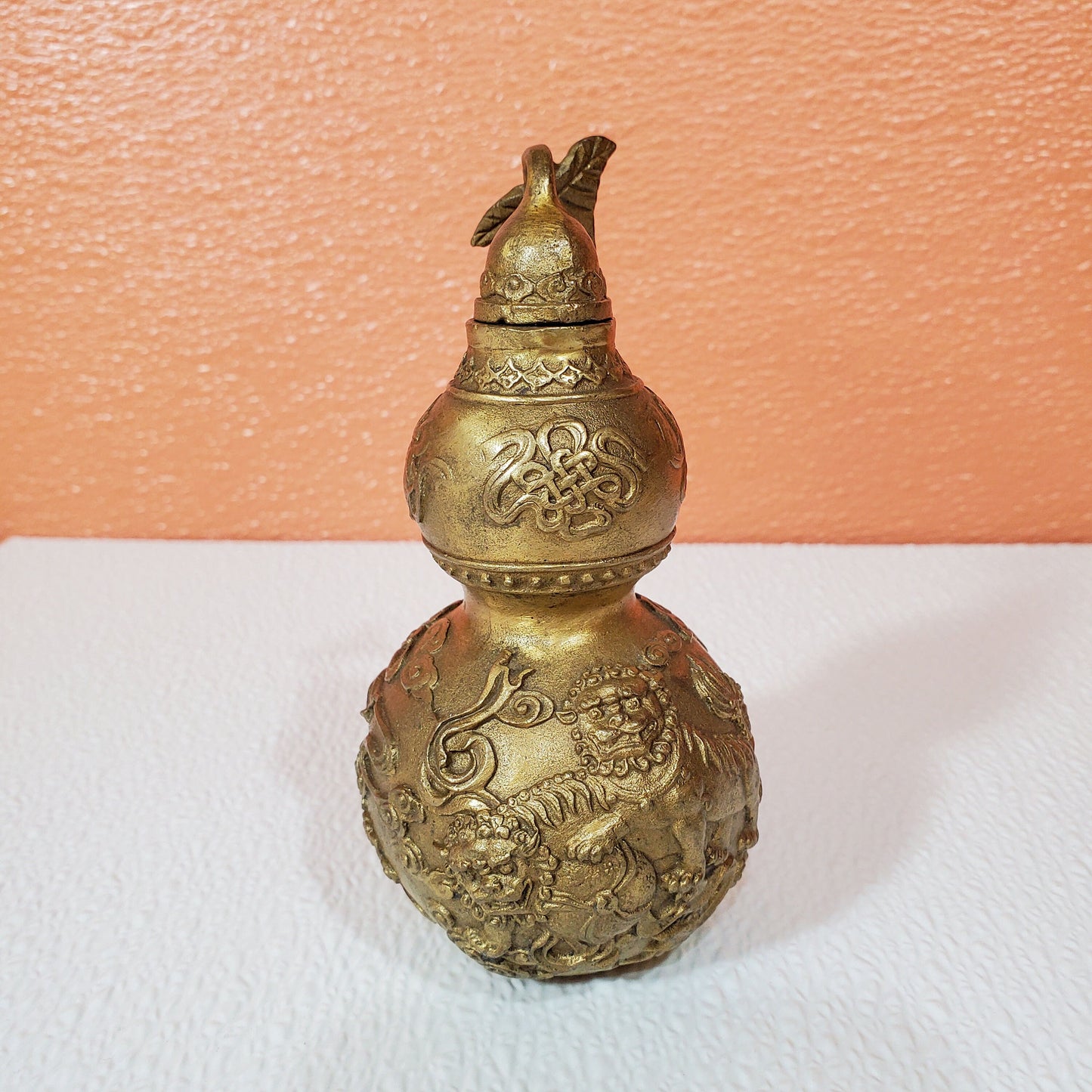 Chinese Feng Shui Brass Wu Lou Gourd Chinese Golding Bottle - Vintage Pair 5.5" Tall