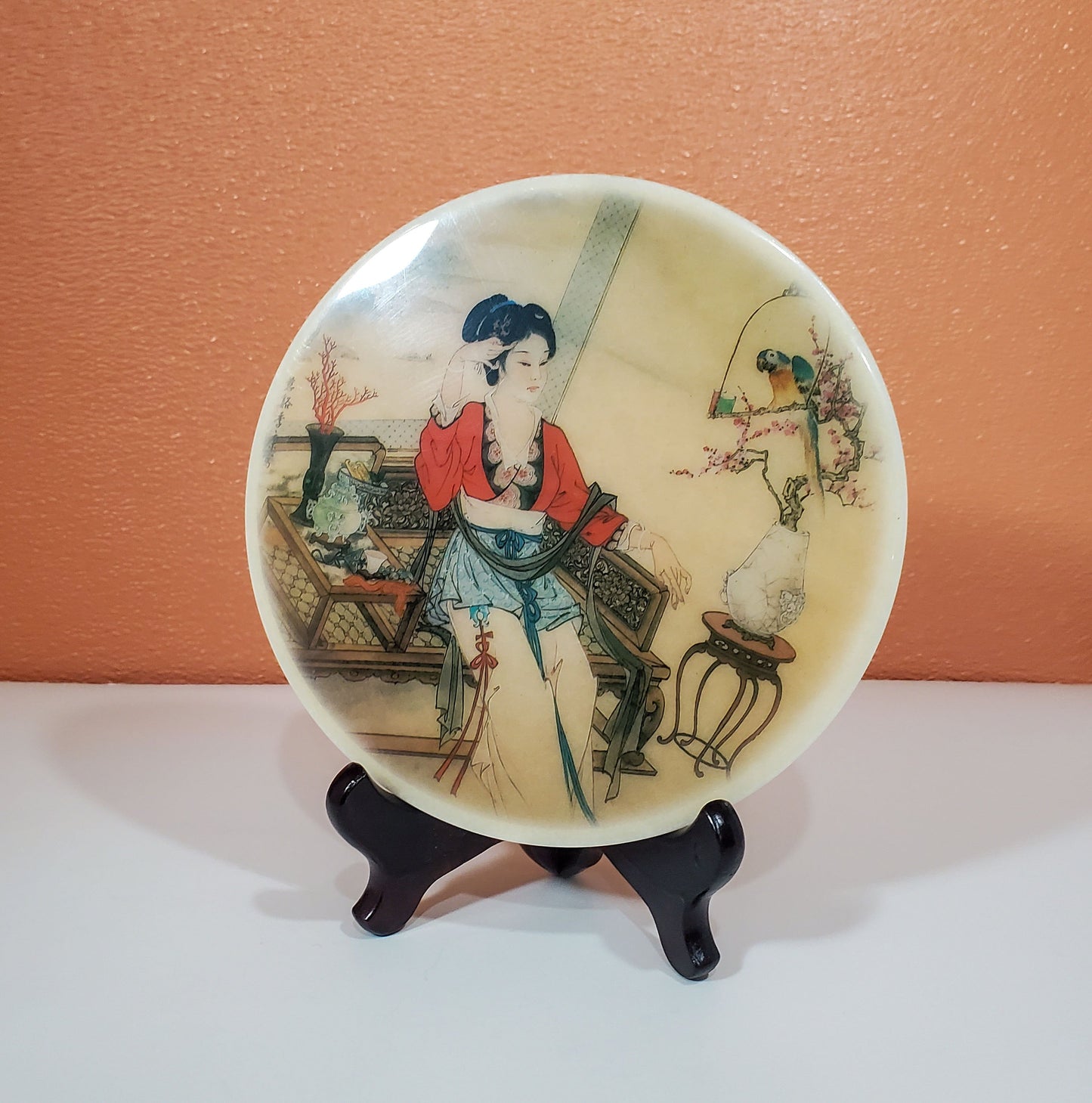 Vintage Hand-Painted Geisha Stone Plate with Wooden Stand | Home Decor Plate 8”