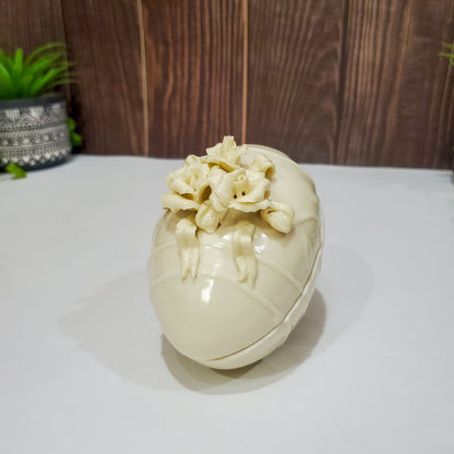 Porcelain Egg Shaped Floral Trinket Box. Off white Trinket Dish for Home or Wedding Decor - 4" Long