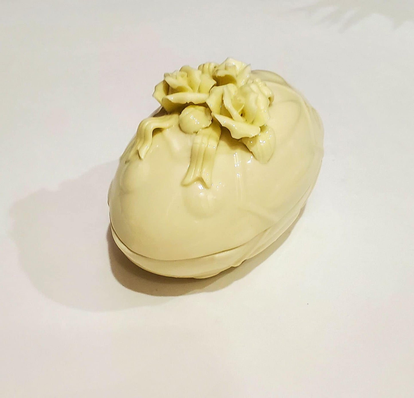 Porcelain Egg Shaped Floral Trinket Box. Off white Trinket Dish for Home or Wedding Decor - 4" Long