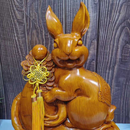 Vintage Chinese Feng Shui Lucky Wealth Rabbit Resin Wood-like Statue Sculpture for Home or Office 16.5" Tall