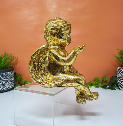 Gold Leaf Angel Cherub | Gold Paper Mache Baby Angel Mantel Statue Decor 7" Tall