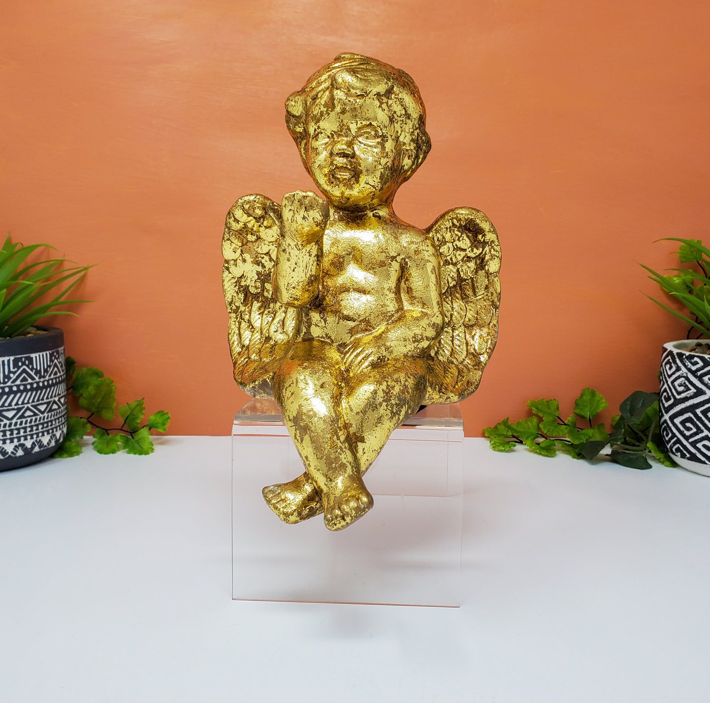Gold Leaf Angel Cherub | Gold Paper Mache Baby Angel Mantel Statue Decor 7" Tall
