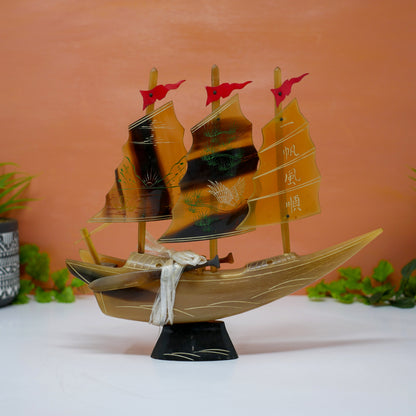 Vintage Chinese Carved Buffalo Horn Sailboat Schooner Ship | Collectible Home Decor 10" Long