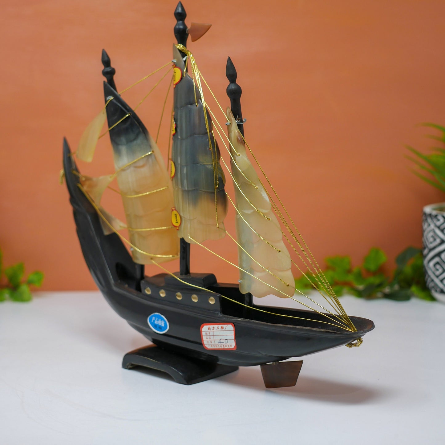 Vintage Chinese Carved Buffalo Horn Sailboat Schooner Ship | Collectible Home Decor 12" Long