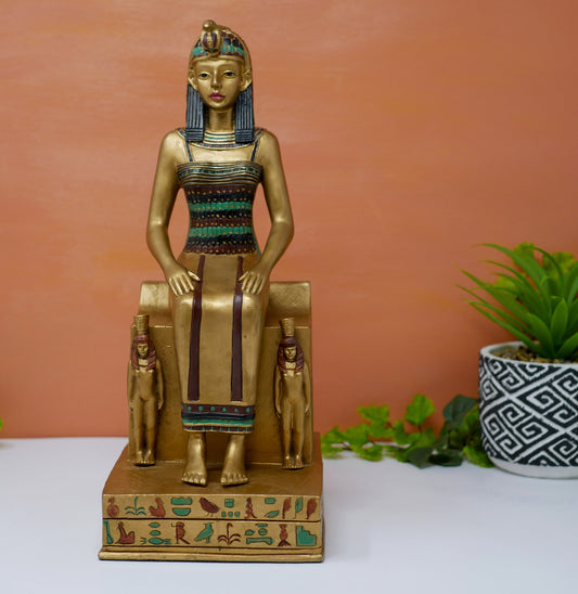 Vintage Seated Female Pharoah Statue Resin Statue with Hieroglyphs 12" Tall