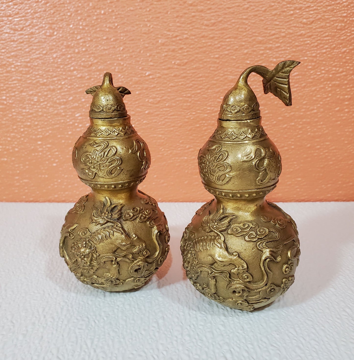 Chinese Feng Shui Brass Wu Lou Gourd Chinese Golding Bottle - Vintage Pair 5.5" Tall