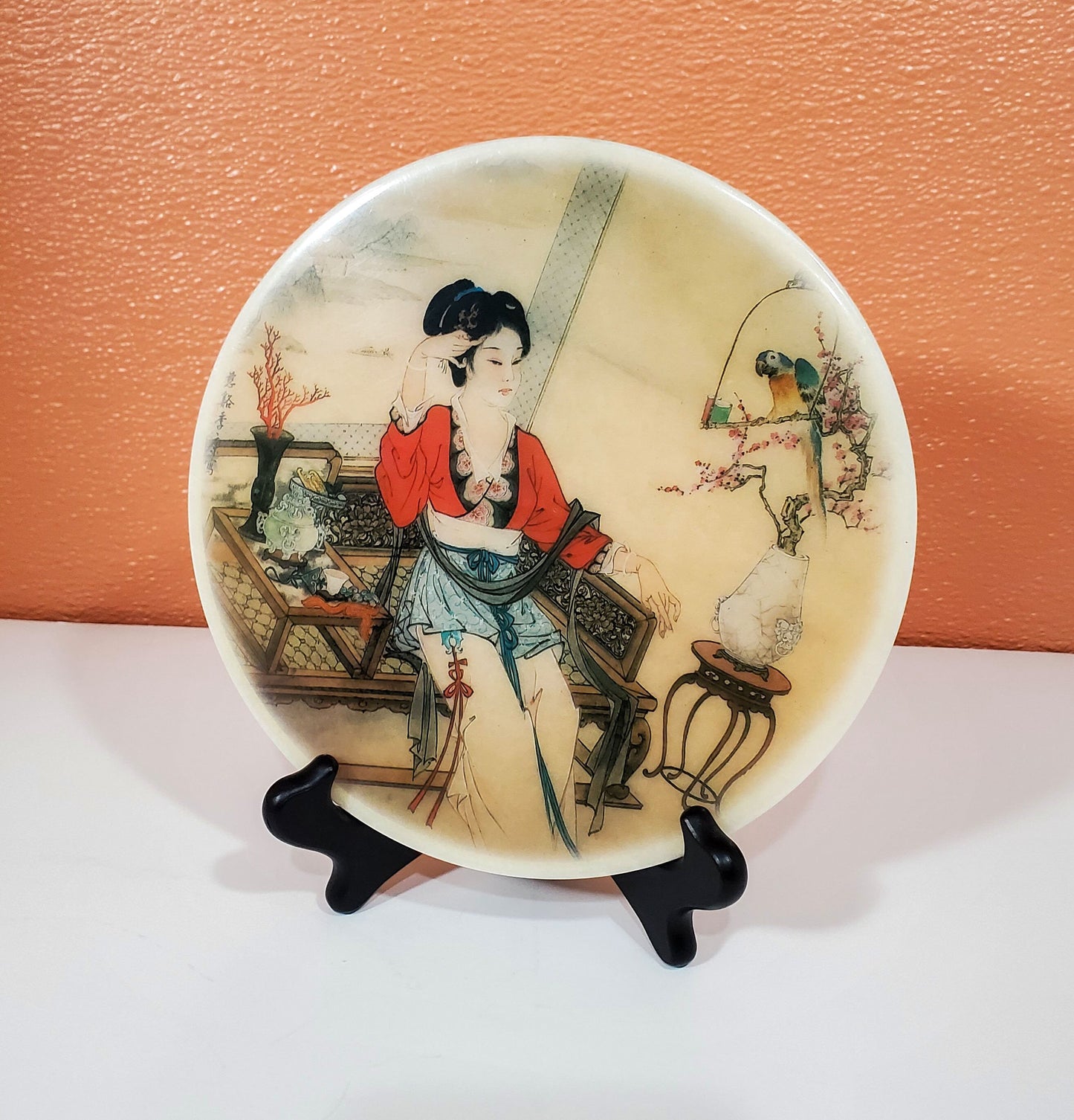 Vintage Hand-Painted Geisha Stone Plate with Wooden Stand | Home Decor Plate 8”