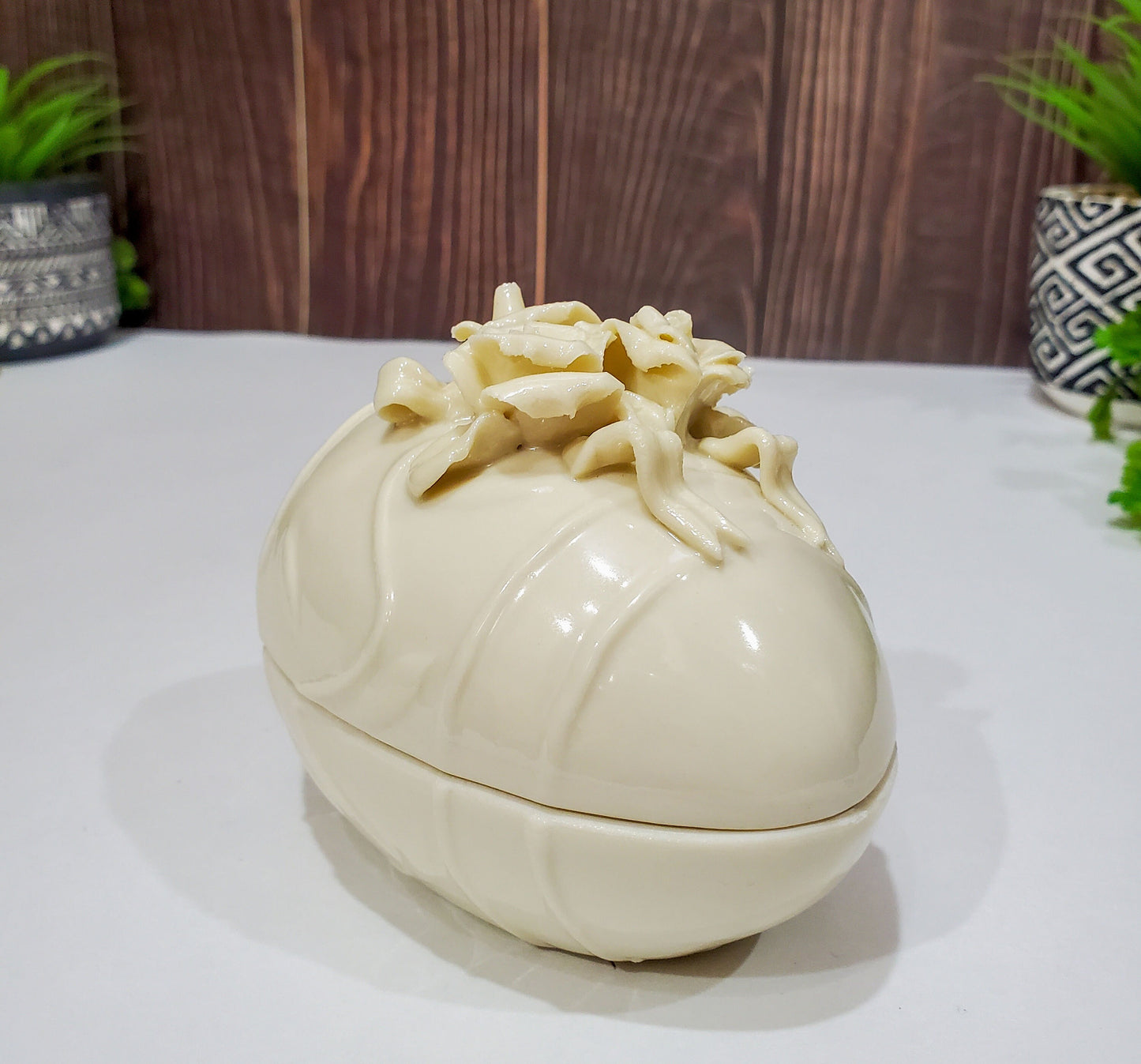 Porcelain Egg Shaped Floral Trinket Box. Off white Trinket Dish for Home or Wedding Decor - 4" Long