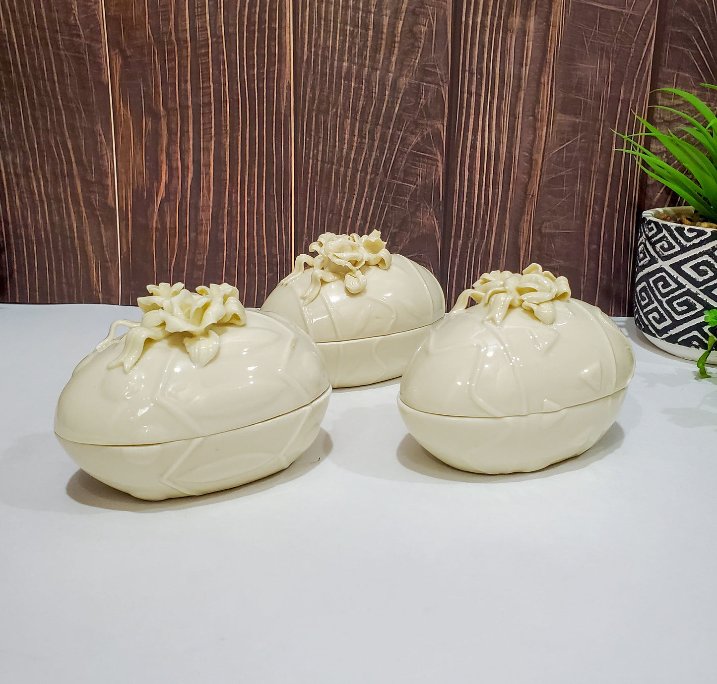 Porcelain Egg Shaped Floral Trinket Box. Off white Trinket Dish for Home or Wedding Decor - 4" Long