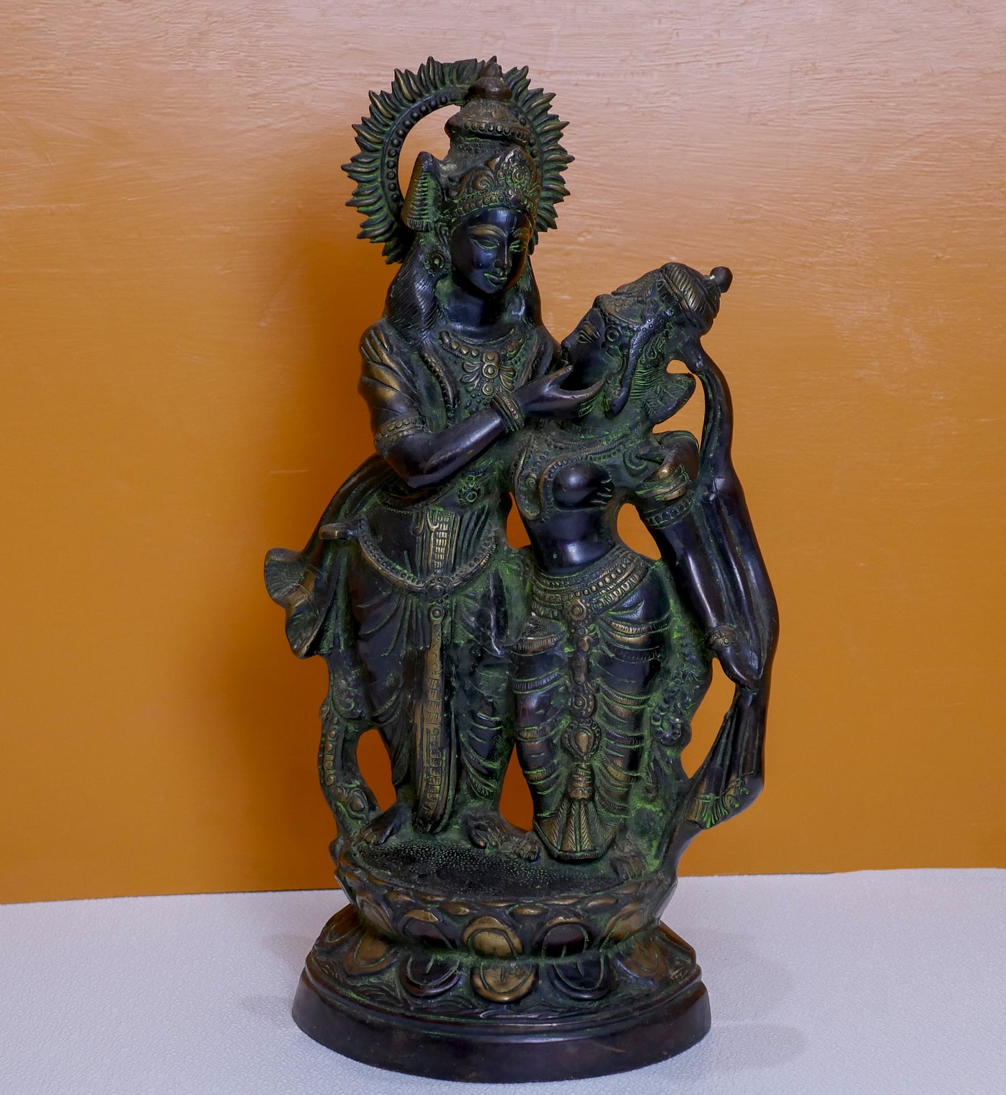 Large Radha Krishna Brass Statue | Vintage 23” Tall Eternal Lovers Unique Radha Krishna Sculpture
