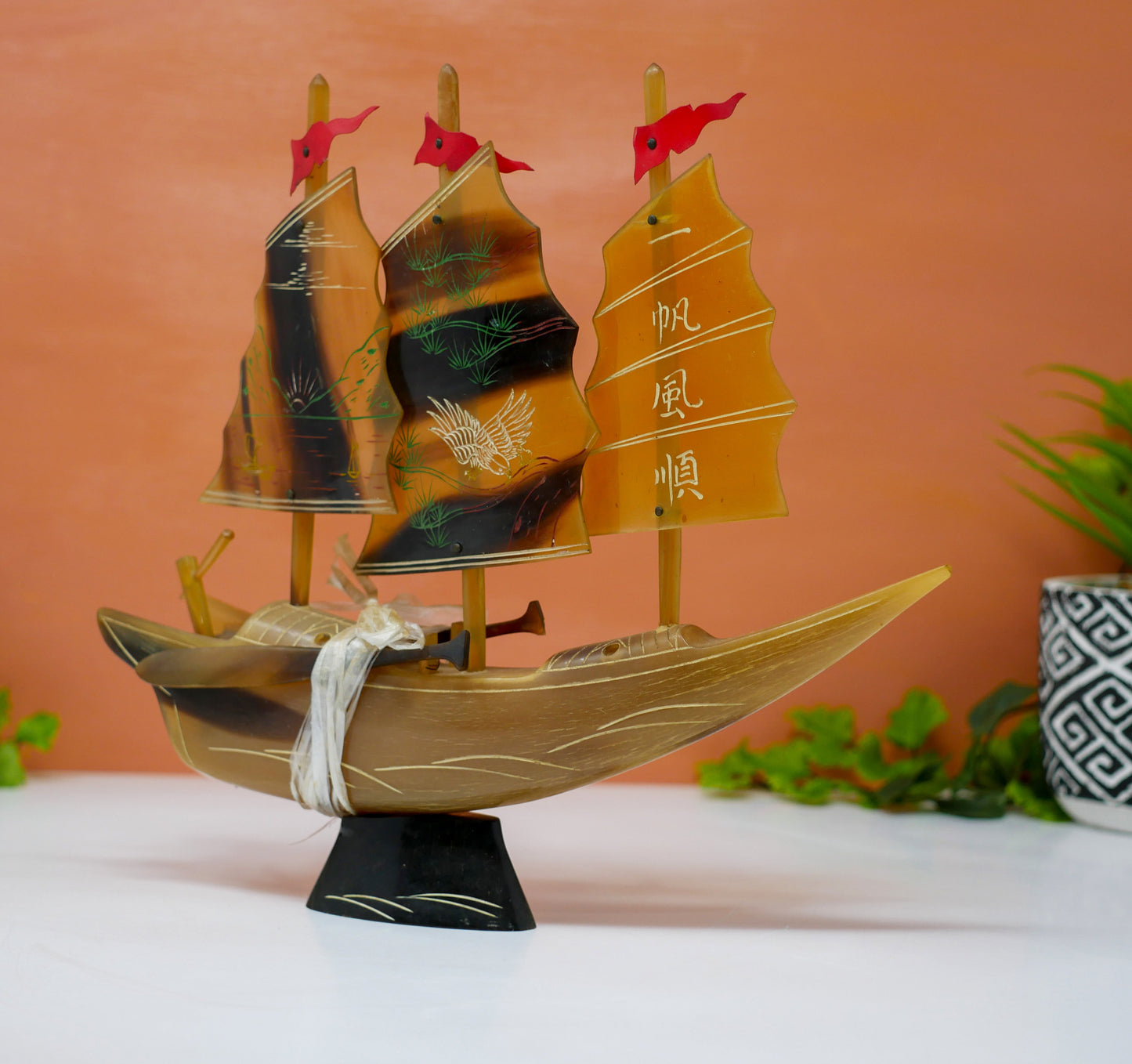 Vintage Chinese Carved Buffalo Horn Sailboat Schooner Ship | Collectible Home Decor 10" Long