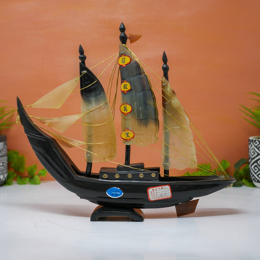 Vintage Chinese Carved Buffalo Horn Sailboat Schooner Ship | Collectible Home Decor 12" Long