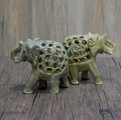 Hand Crafted Elephant Trunk Up Statue | Natural Soapstone Good Fortune Elephant w/baby Home Decor  - 7" Long