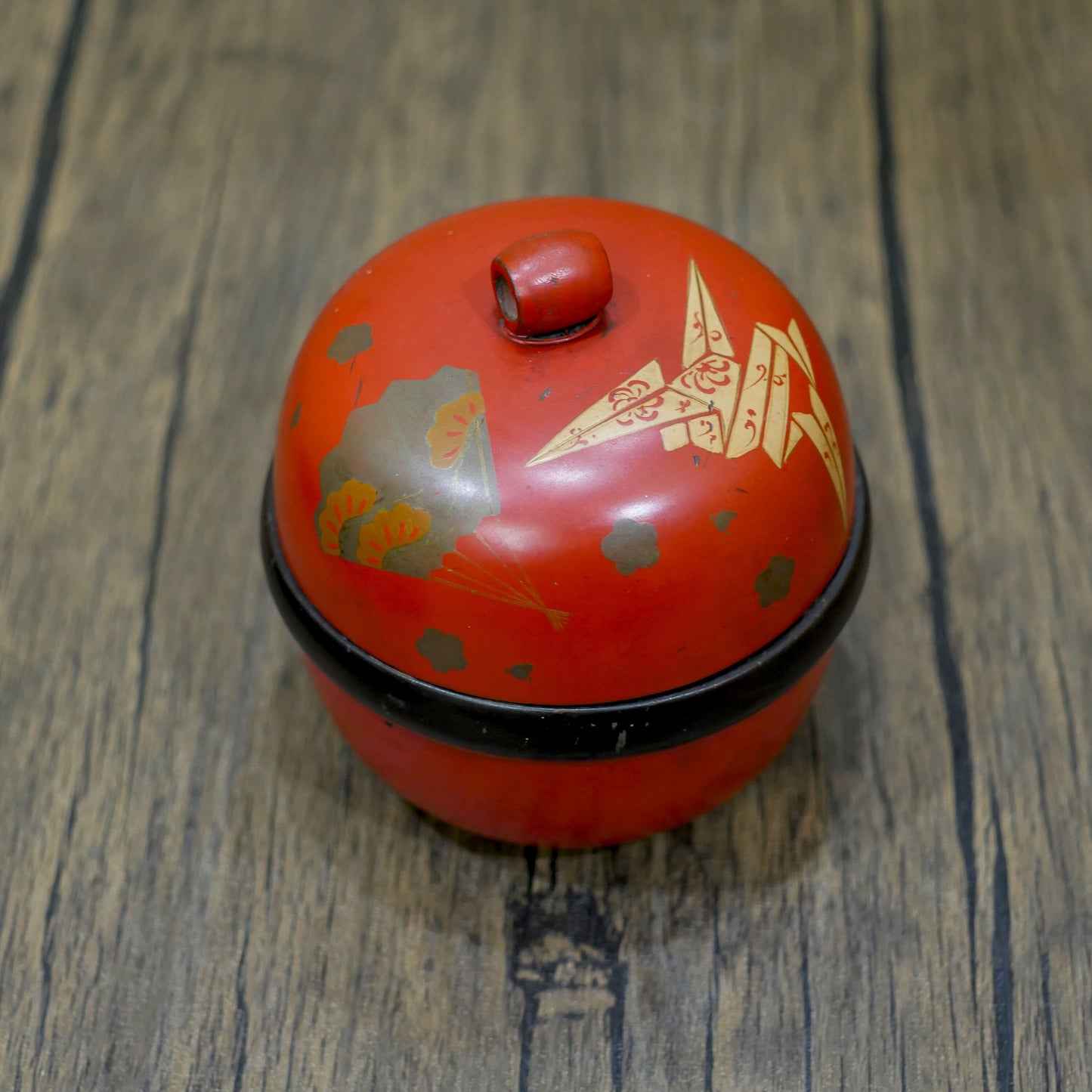 Vintage Japanese Black Lacquered Writing Box and Red Round Lacquered Wooden Box