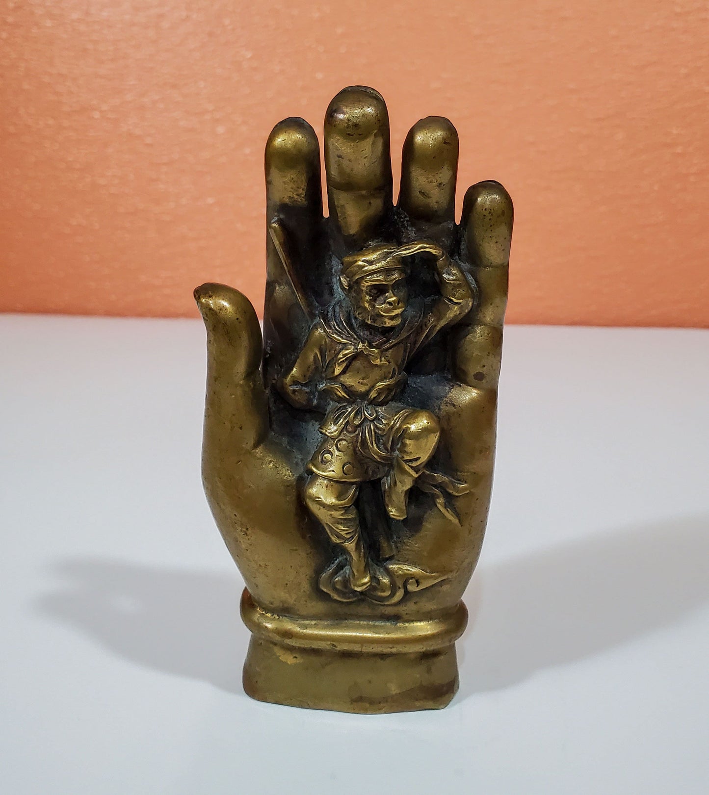 5.5" Vintage Chinese Brass Sun WuKong Handsome Monkey King In Buddha Hand Statue