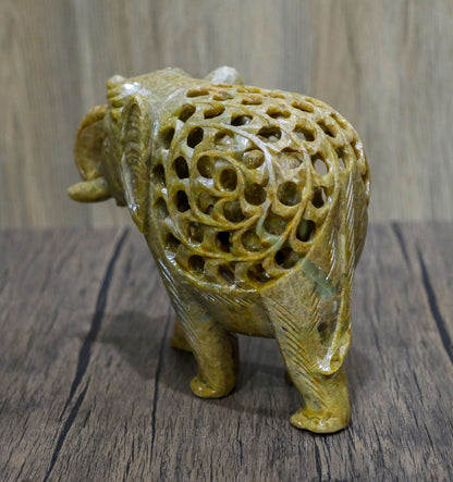 Hand Crafted Elephant Trunk Up Statue | Natural Soapstone Good Fortune Elephant w/baby Home Decor  - 7" Long