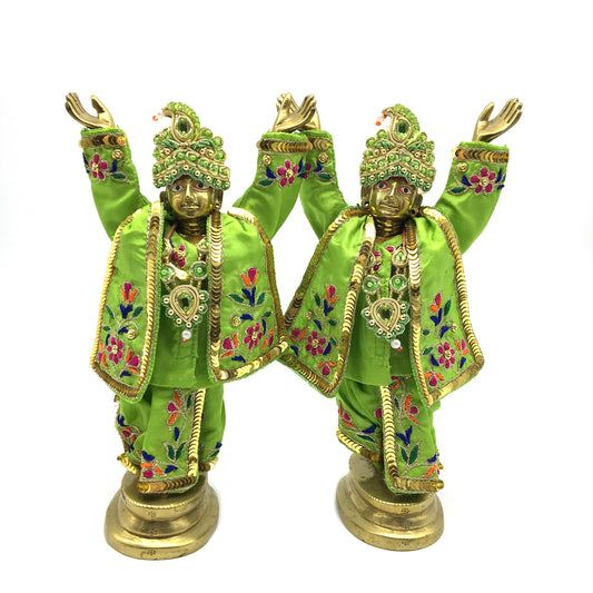 Gaura Gour Nitai Brass Deities India God Statues With Clothes and Crowns 7"