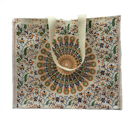 Heavy Weight Cream Color Canvas Tose Bag With Colorful Peacock Design 16"X19"